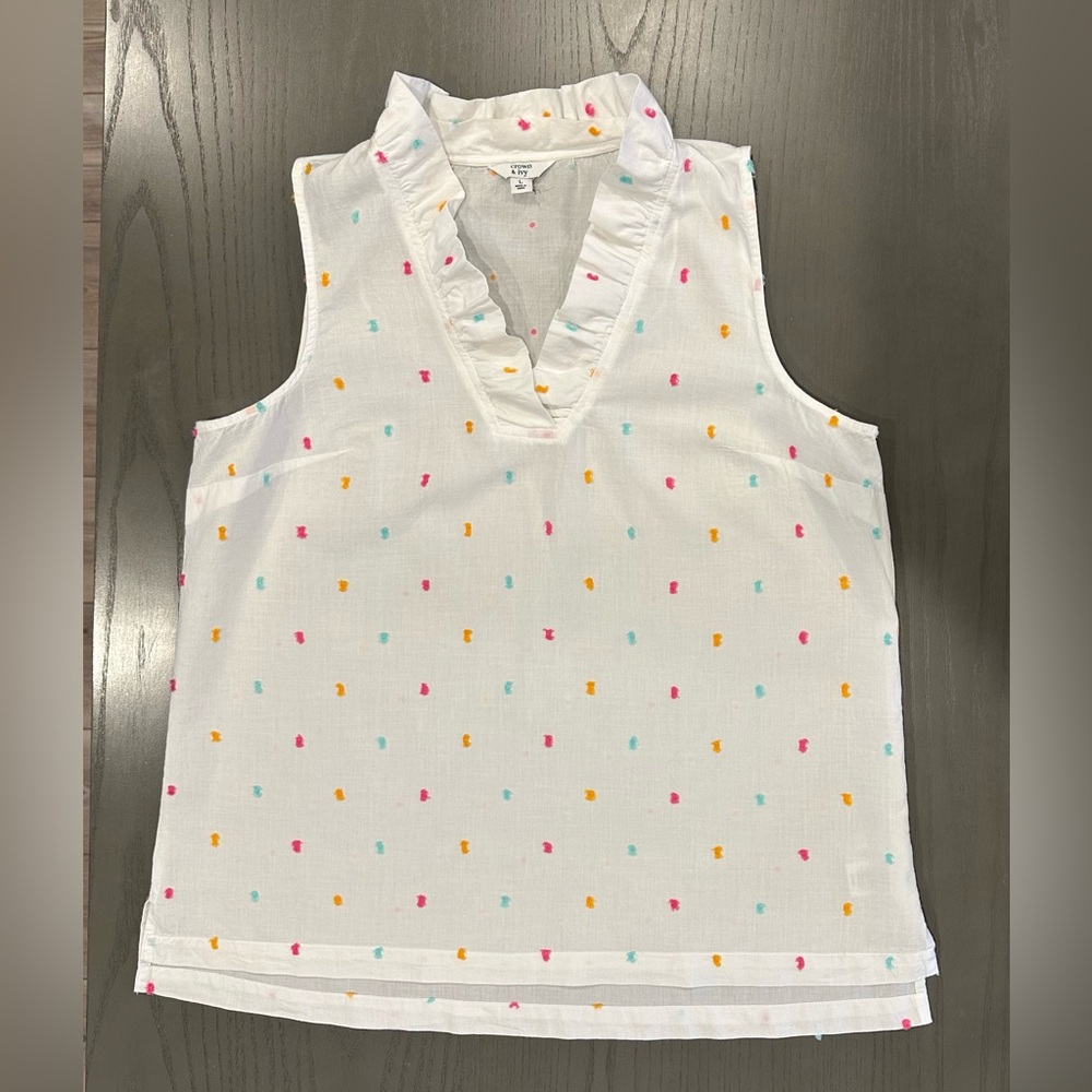 Crown & Ivy NWOT Sleeveless Blouse White with Colorful Embroidered Dots